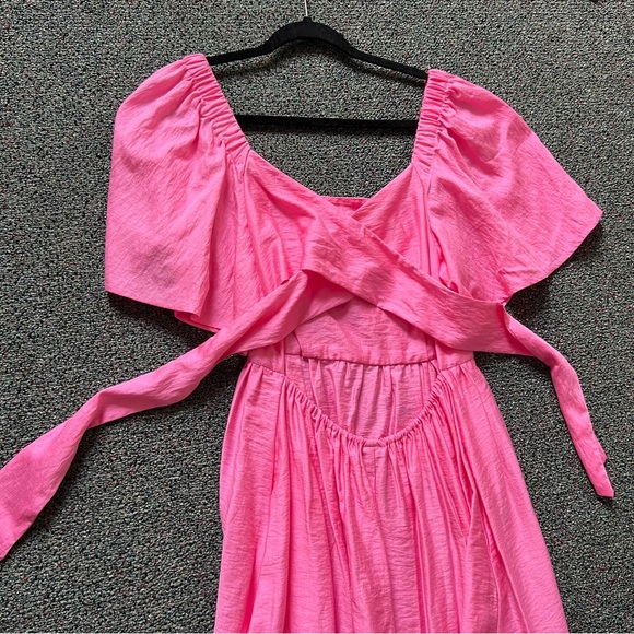A New Day Bright Pink Midi Puff Flutter Short-Sleeve Tie-Back Ruffle Dress Sz S - Picture 8 of 16